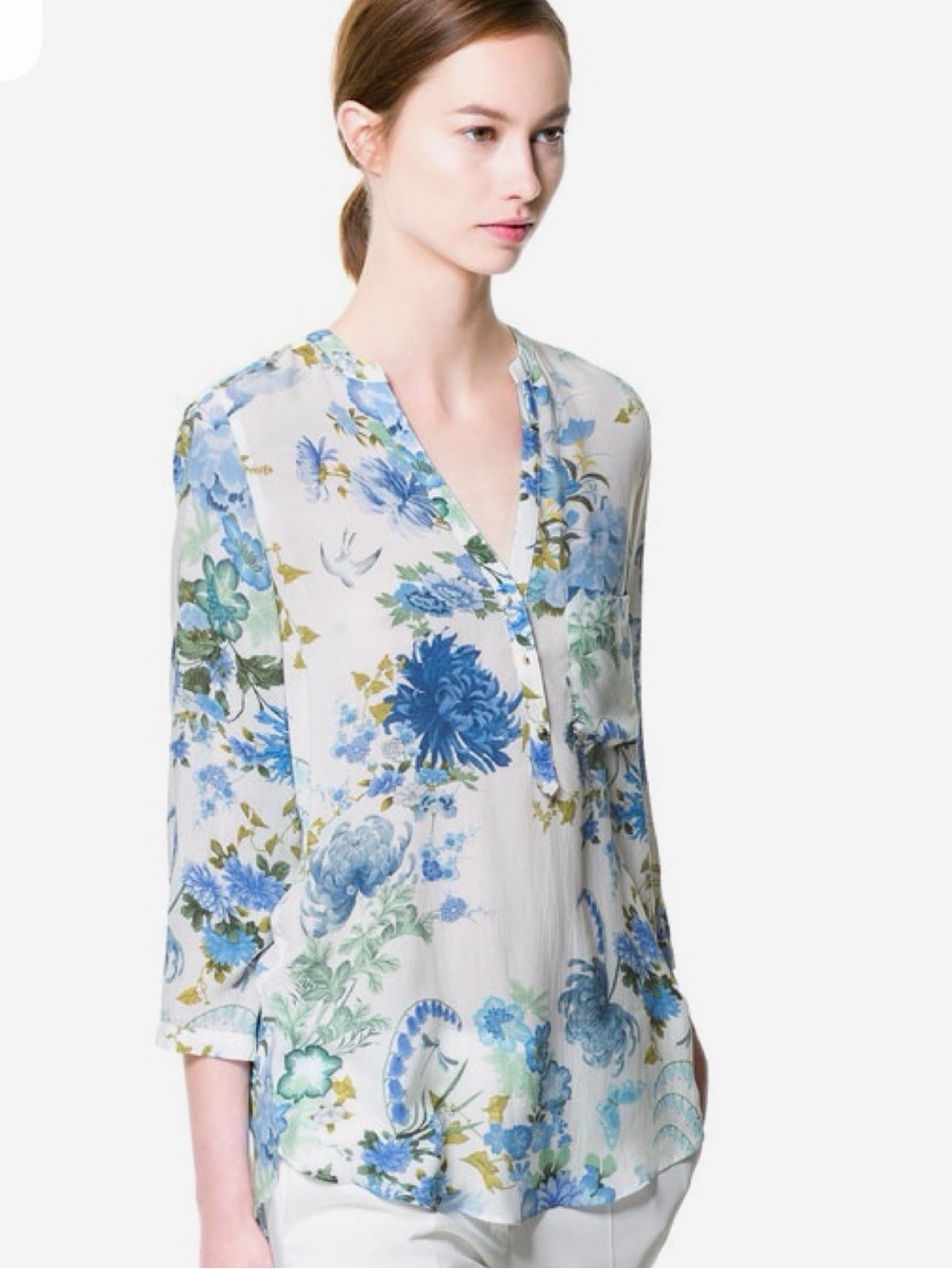 ZARA Asian Floral Crane White & Blue Lightweight Cotton Blouse Tunic Top Sz L